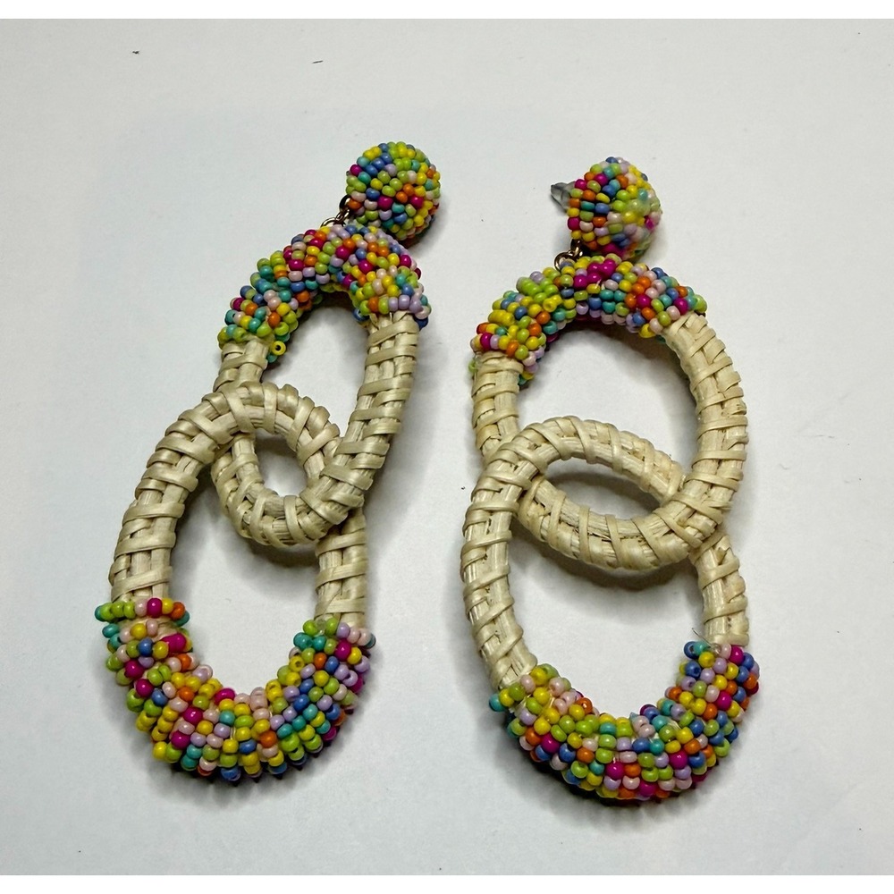 Boho Rattan & Multicolor Seed Bead Statement Earrings Lightweight Summer Coastal